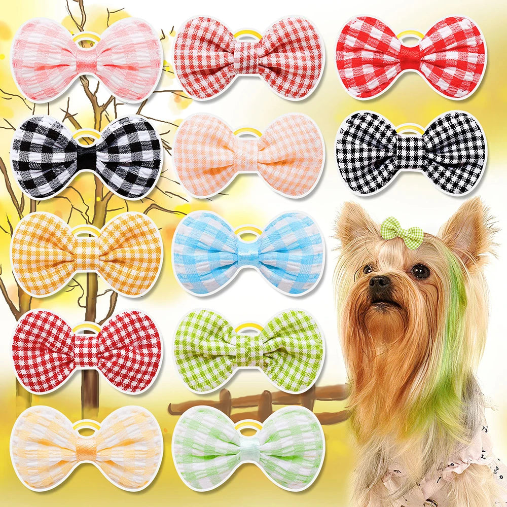 Lot de 10/20/30 nœuds en caoutchouc en forme de fleur pour chien, décoration à carreaux, mélange de couleurs pures, pour petits chiens