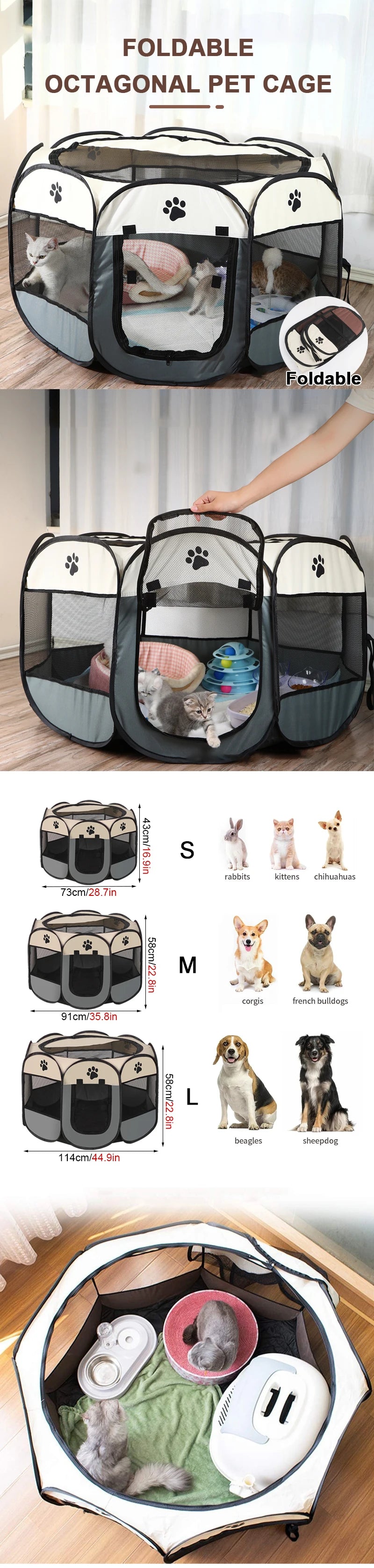 Octagonal Pet Tent Foldable Portable Oxford Cloth Cat and Dog Nest Outdoor Easy Operation Large Dog Cages Cat Fences