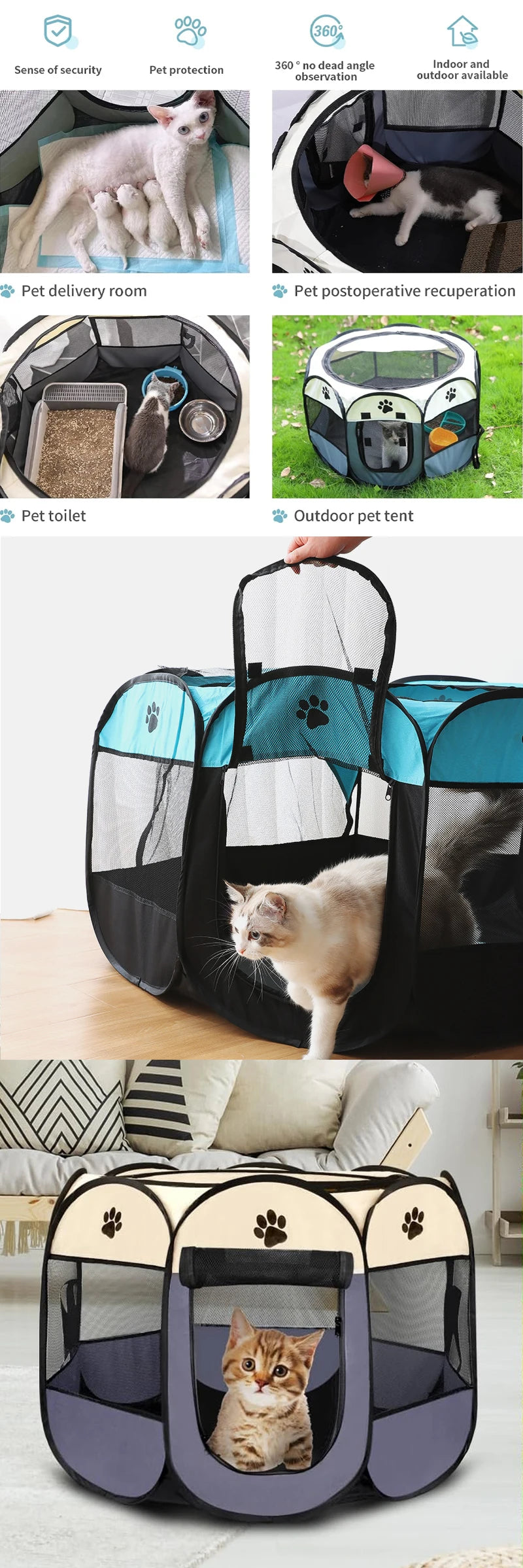 Octagonal Pet Tent Foldable Portable Oxford Cloth Cat and Dog Nest Outdoor Easy Operation Large Dog Cages Cat Fences