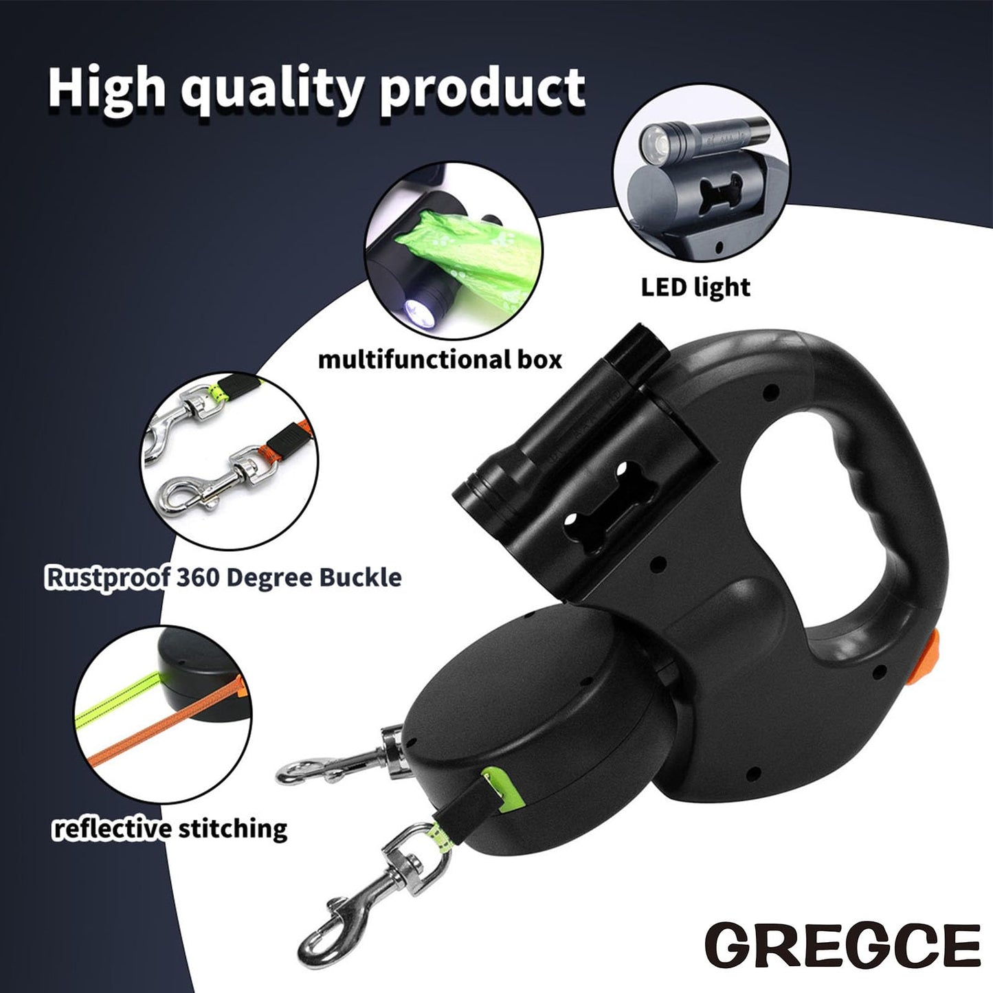 Dual Retractable Dog Leash for Small Dogs-Dog Walking Belt for Running Hiking Training with 360 Tangle-Free,Double Dog Leash with Reflective Nylon Ribbon (Black)