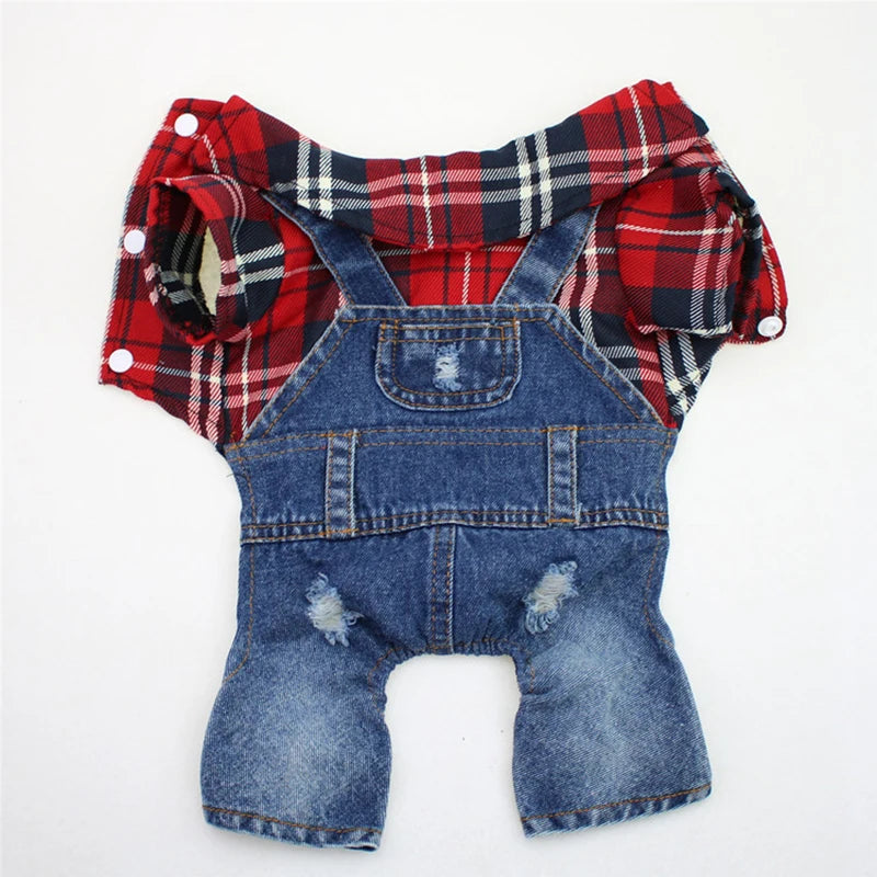 Dog Cat Denim Plaid Jumpsuit Hoodie Pet Puppy Jean Jacket Spring/Autumn Clothes Apparel 4 Colours