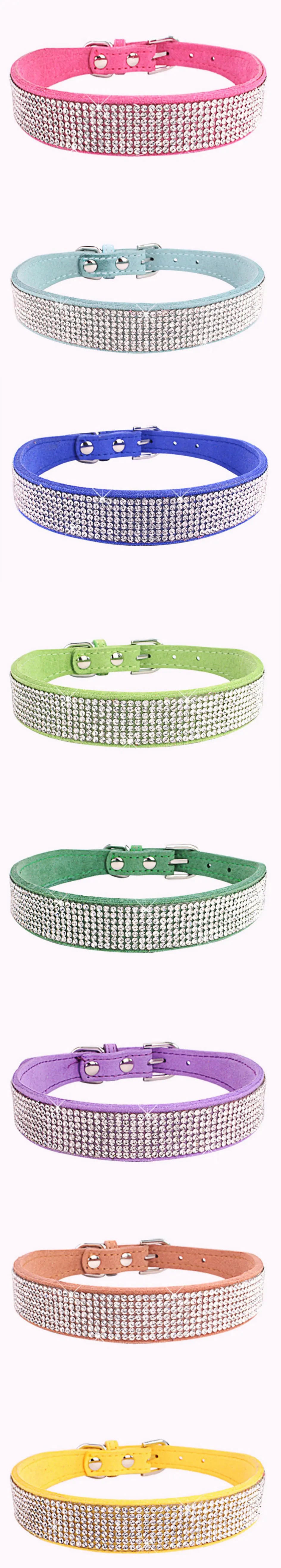 Suede Fiber Crystal Dog Collar Comfortable Glitter Rhinestone Dog Collars Zinc Alloy Buckle Collar for Small Dogs Cats XXS-L