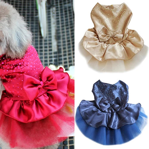 Pet Dog Puppy Bow Gauze Dress Skirt Cat Sequin Princess Clothes Apparel