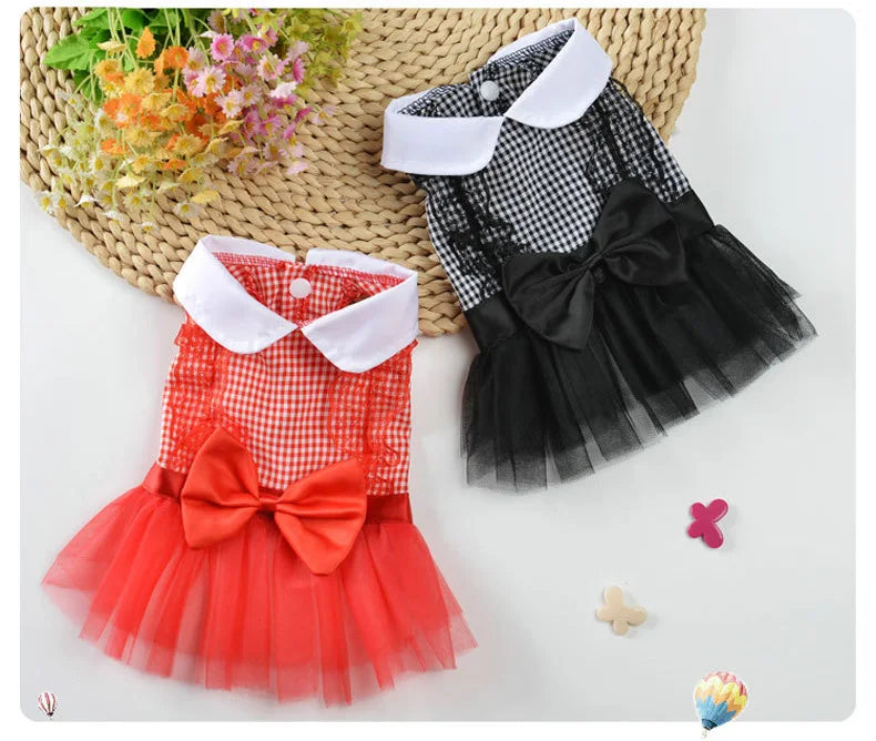 Pet Dress Classic Lattice Dog Gauze Dress Lovely Cat Skirts Clothing Pets Red Black Dress For Small Medium Dogs Pets Product