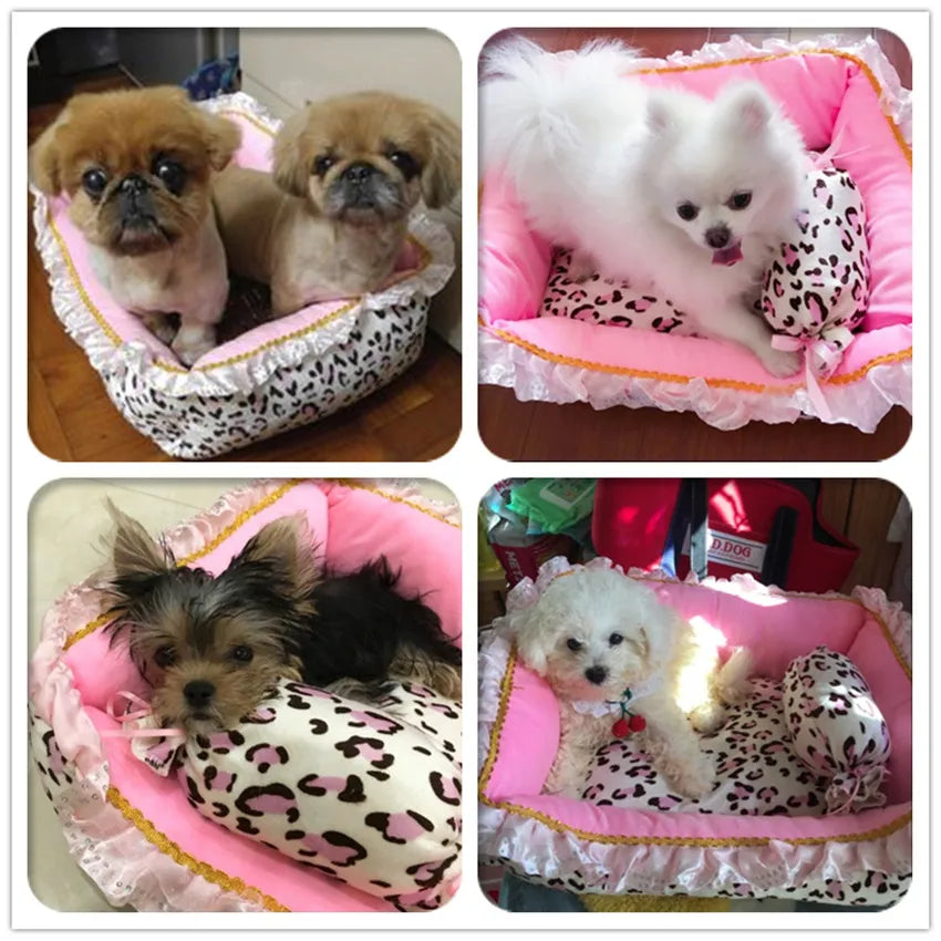 Korea Style Princess Dog Cat Bed Pink Leopard Pet House Sleeping Bag Dog Bed With Pillow Puppy Cushion Kennel Sofa Cama Perro