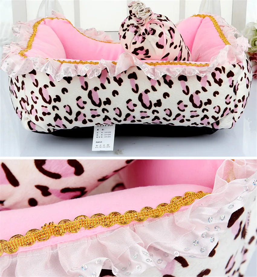 Korea Style Princess Dog Cat Bed Pink Leopard Pet House Sleeping Bag Dog Bed With Pillow Puppy Cushion Kennel Sofa Cama Perro