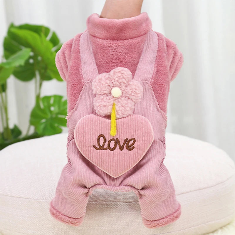 Pet Dog Clothes Autumn Winter Warm Pet Dog Coat For Small Dogs Puppy Jacket Outfit Cute Flower Love Pants Dog Jumpsuit Chihuahua