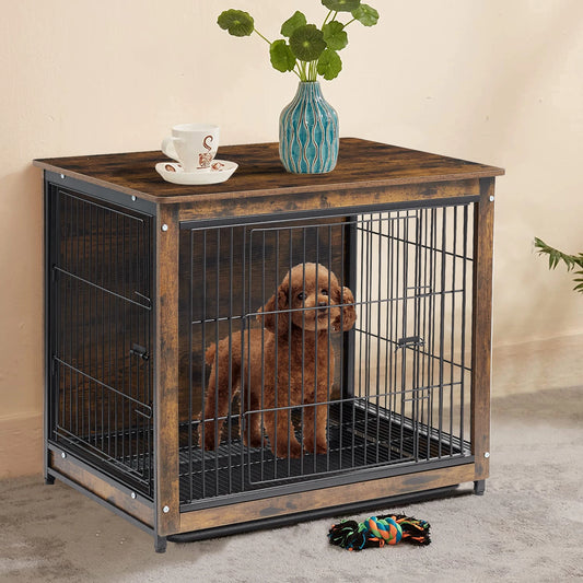 Vintage Dog Cage End Table Indoor Wooden Kennel Pet Crate with Double Doors Removable Tray