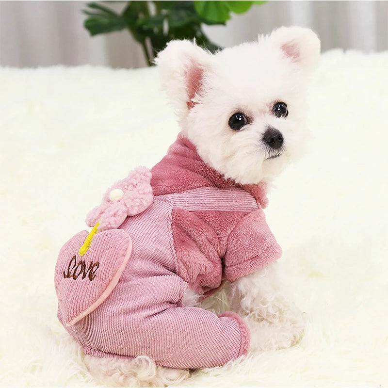 Pet Dog Clothes Autumn Winter Warm Pet Dog Coat For Small Dogs Puppy Jacket Outfit Cute Flower Love Pants Dog Jumpsuit Chihuahua