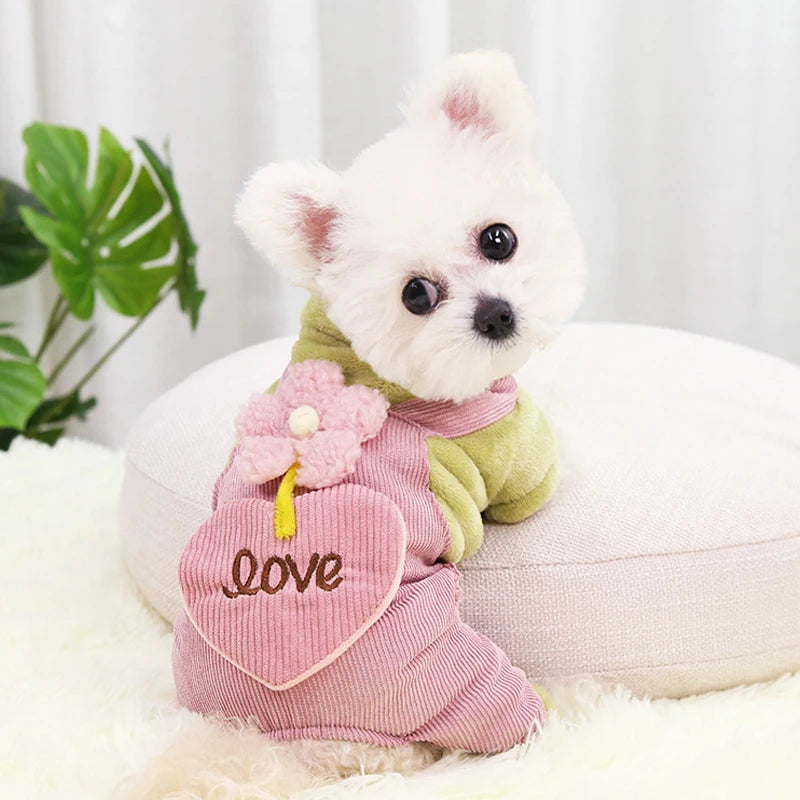 Pet Dog Clothes Autumn Winter Warm Pet Dog Coat For Small Dogs Puppy Jacket Outfit Cute Flower Love Pants Dog Jumpsuit Chihuahua