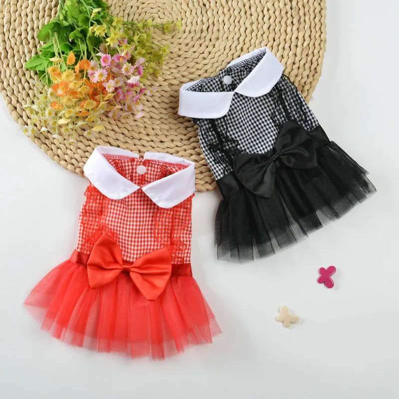 Pet Dress Classic Lattice Dog Gauze Dress Lovely Cat Skirts Clothing Pets Red Black Dress For Small Medium Dogs Pets Product