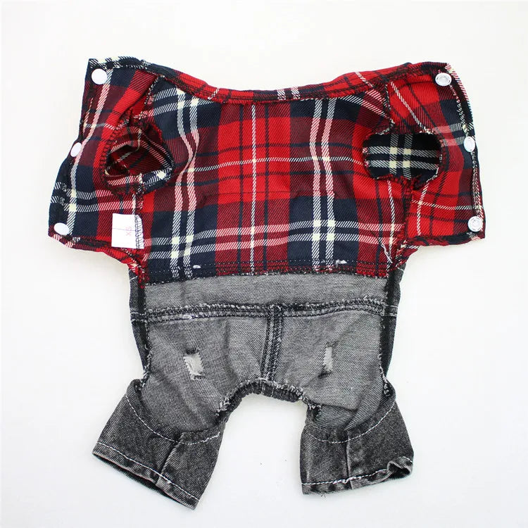 Dog Cat Denim Plaid Jumpsuit Hoodie Pet Puppy Jean Jacket Spring/Autumn Clothes Apparel 4 Colours