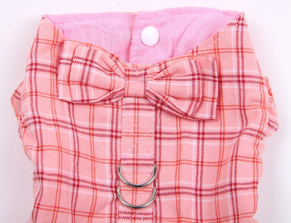 New Dog Cat Dress Shirt Plaid&Bow with Matching Dog Leash Pet Puppy Skirt  Spring/Summer clothes apparel 5 sizes