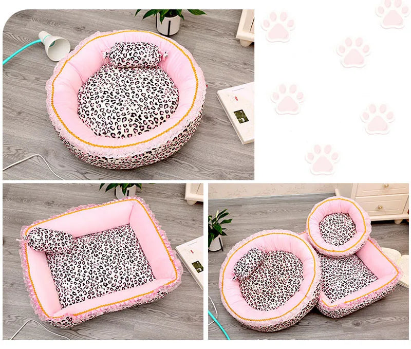 Korea Style Princess Dog Cat Bed Pink Leopard Pet House Sleeping Bag Dog Bed With Pillow Puppy Cushion Kennel Sofa Cama Perro