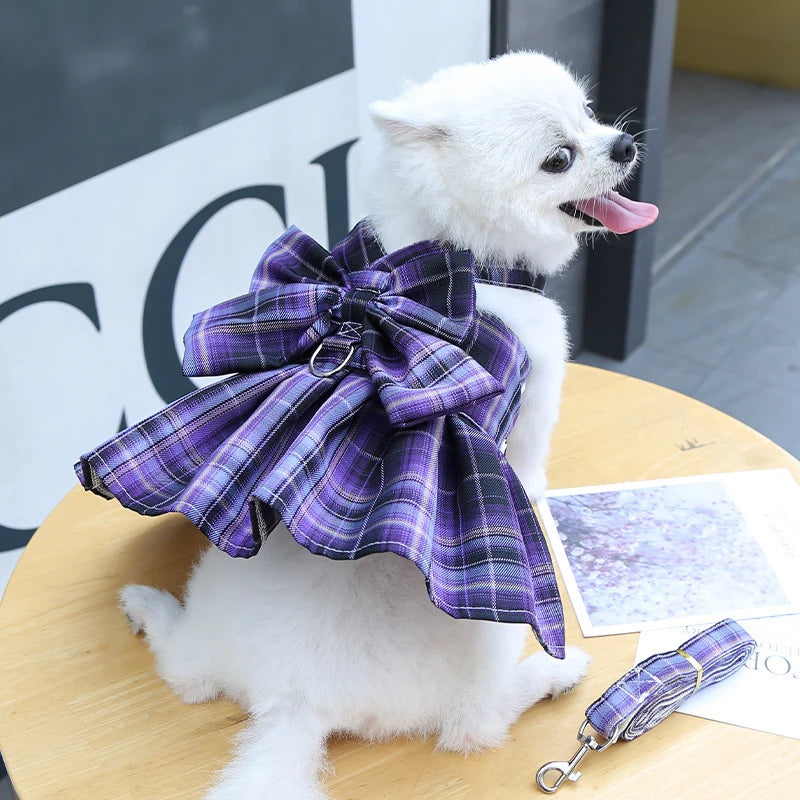 Dog Collar Skirt Bow Pet Harness With Breast Strap Traction Rope Dog Clothes For Small Dogs Cat Leash Princess Tutu Skirt Dress