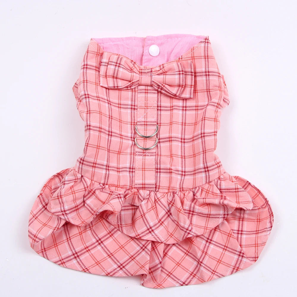 New Dog Cat Dress Shirt Plaid&Bow with Matching Dog Leash Pet Puppy Skirt  Spring/Summer clothes apparel 5 sizes