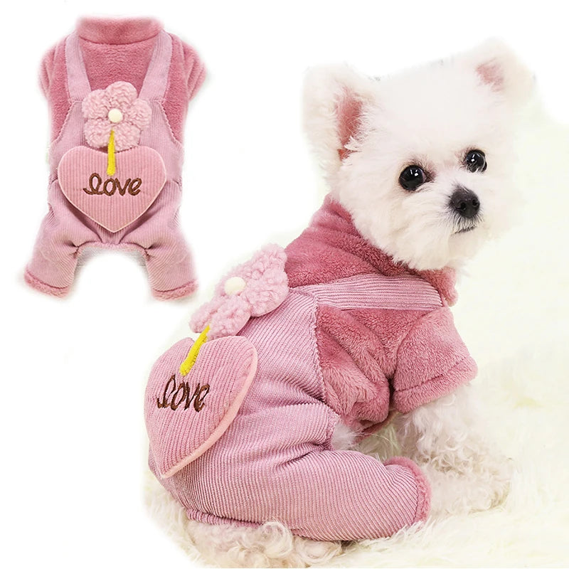 Pet Dog Clothes Autumn Winter Warm Pet Dog Coat For Small Dogs Puppy Jacket Outfit Cute Flower Love Pants Dog Jumpsuit Chihuahua