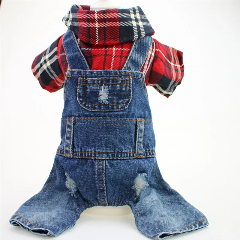 Dog Cat Denim Plaid Jumpsuit Hoodie Pet Puppy Jean Jacket Spring/Autumn Clothes Apparel 4 Colours