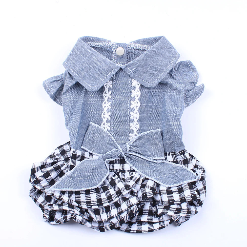 New Denim Dog Cat Dress T-Shirt Jean Plaid Princess Dress Pet Puppy Skirt Spring/Summer Clothes Apparel