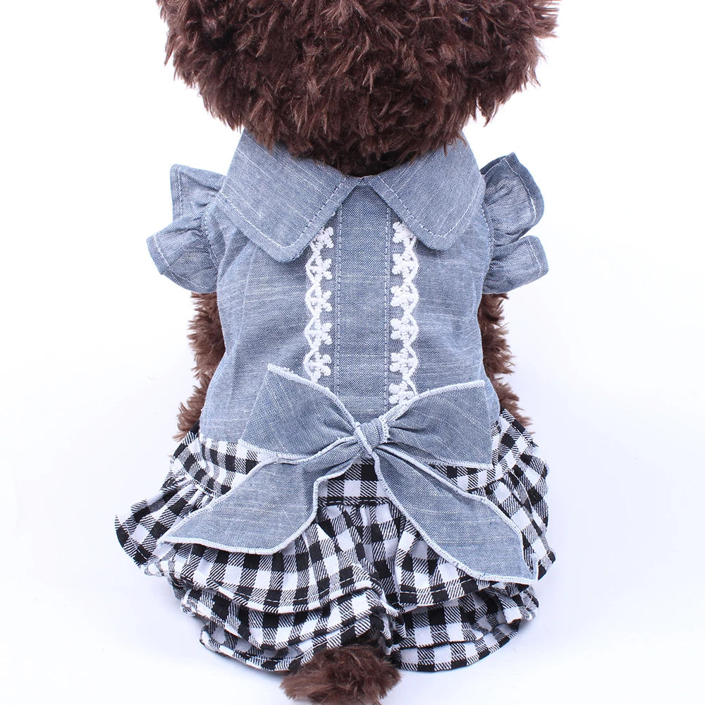 New Denim Dog Cat Dress T-Shirt Jean Plaid Princess Dress Pet Puppy Skirt Spring/Summer Clothes Apparel