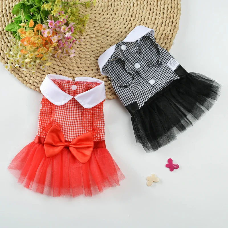 Pet Dress Classic Lattice Dog Gauze Dress Lovely Cat Skirts Clothing Pets Red Black Dress For Small Medium Dogs Pets Product