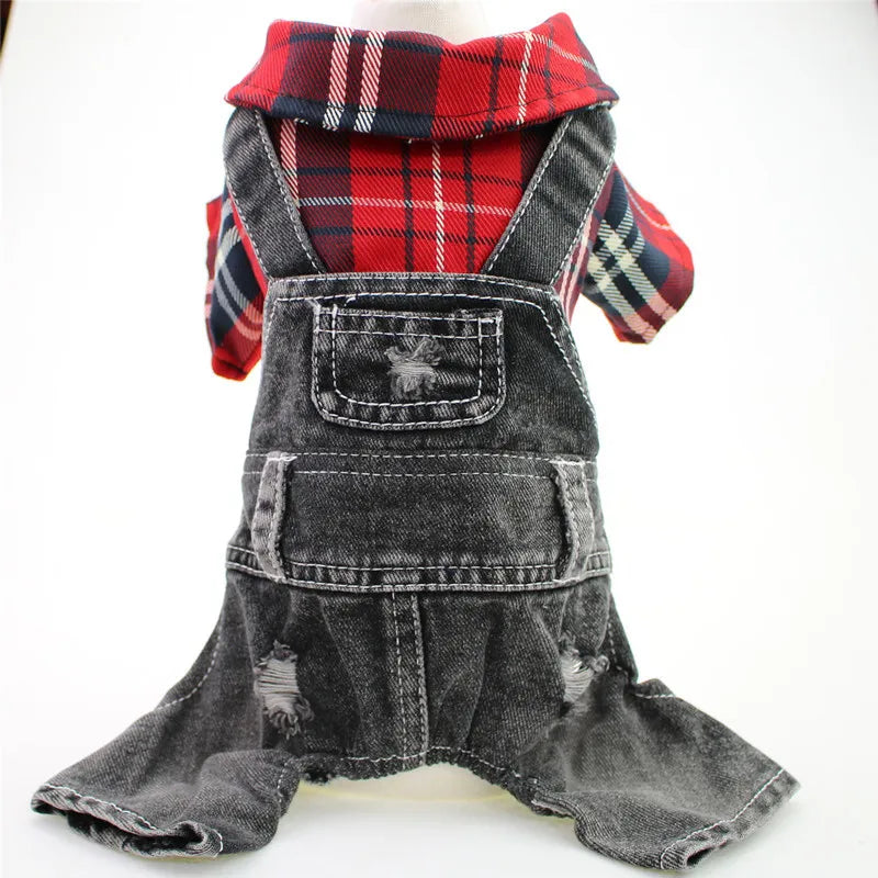 Dog Cat Denim Plaid Jumpsuit Hoodie Pet Puppy Jean Jacket Spring/Autumn Clothes Apparel 4 Colours