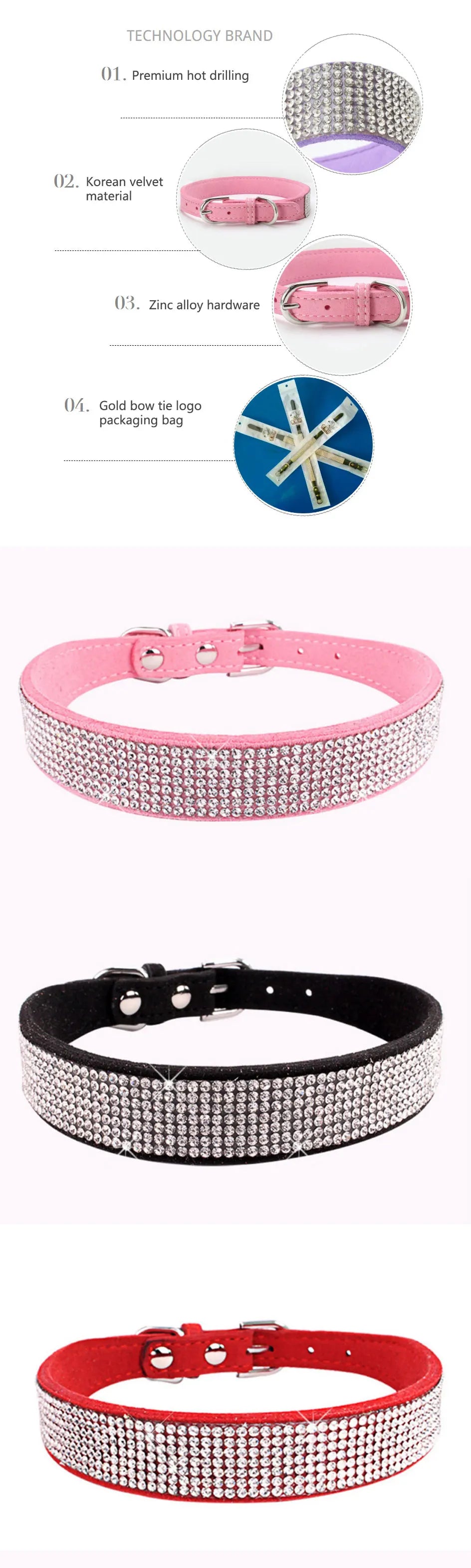 Suede Fiber Crystal Dog Collar Comfortable Glitter Rhinestone Dog Collars Zinc Alloy Buckle Collar for Small Dogs Cats XXS-L