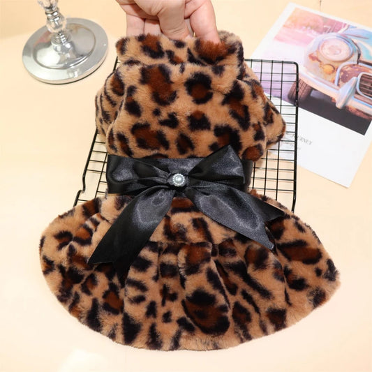 Fleece Dog Pet Clothing Leopard Dog Dress For Small Medium Dogs Puppy Skirt Dog Coat Jacket French Bulldog Clothing Pet Supplies