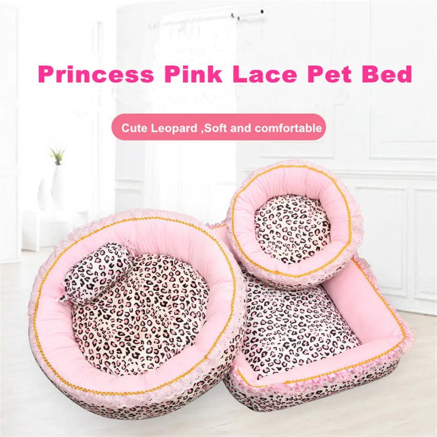 Korea Style Princess Dog Cat Bed Pink Leopard Pet House Sleeping Bag Dog Bed With Pillow Puppy Cushion Kennel Sofa Cama Perro