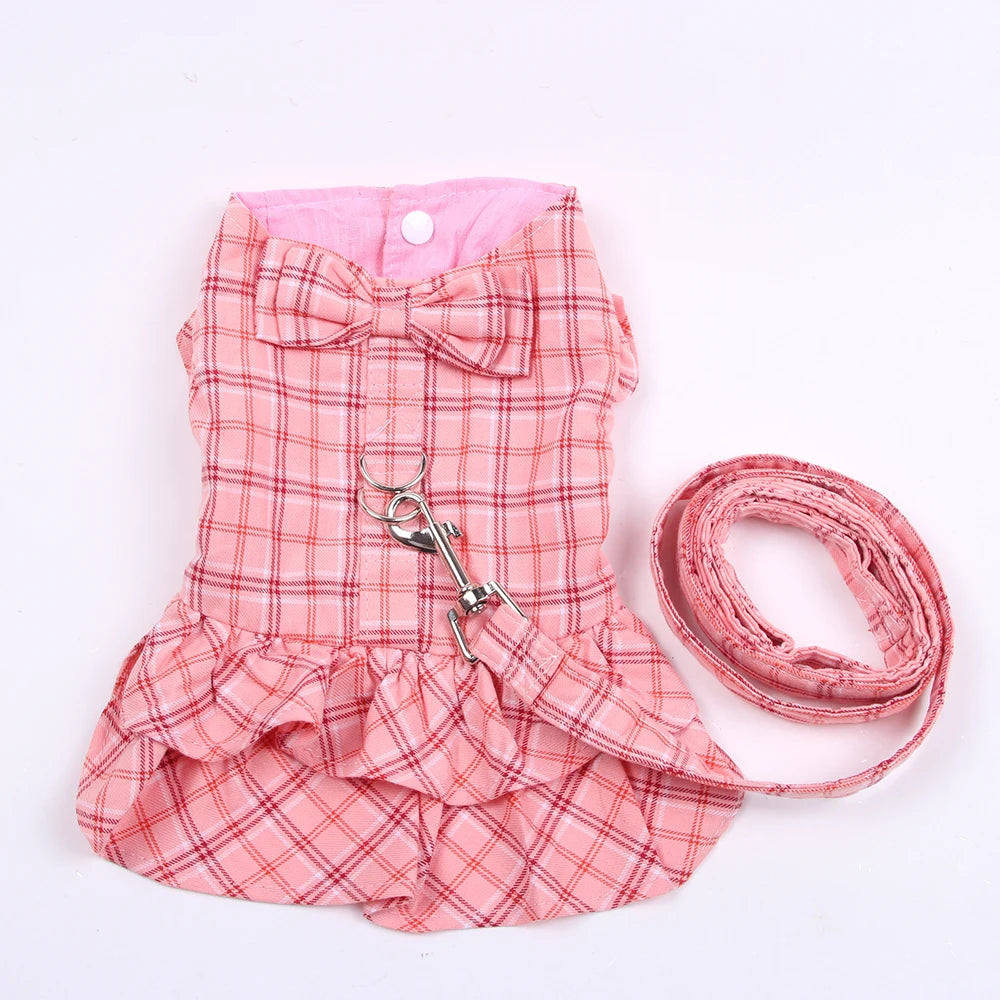 New Dog Cat Dress Shirt Plaid&Bow with Matching Dog Leash Pet Puppy Skirt  Spring/Summer clothes apparel 5 sizes