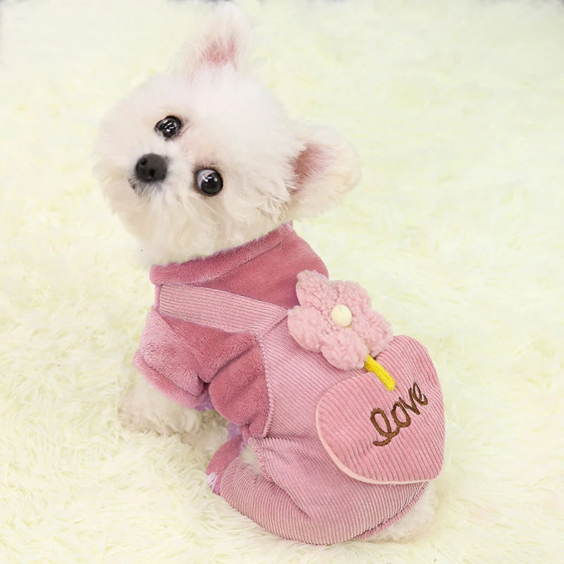 Pet Dog Clothes Autumn Winter Warm Pet Dog Coat For Small Dogs Puppy Jacket Outfit Cute Flower Love Pants Dog Jumpsuit Chihuahua