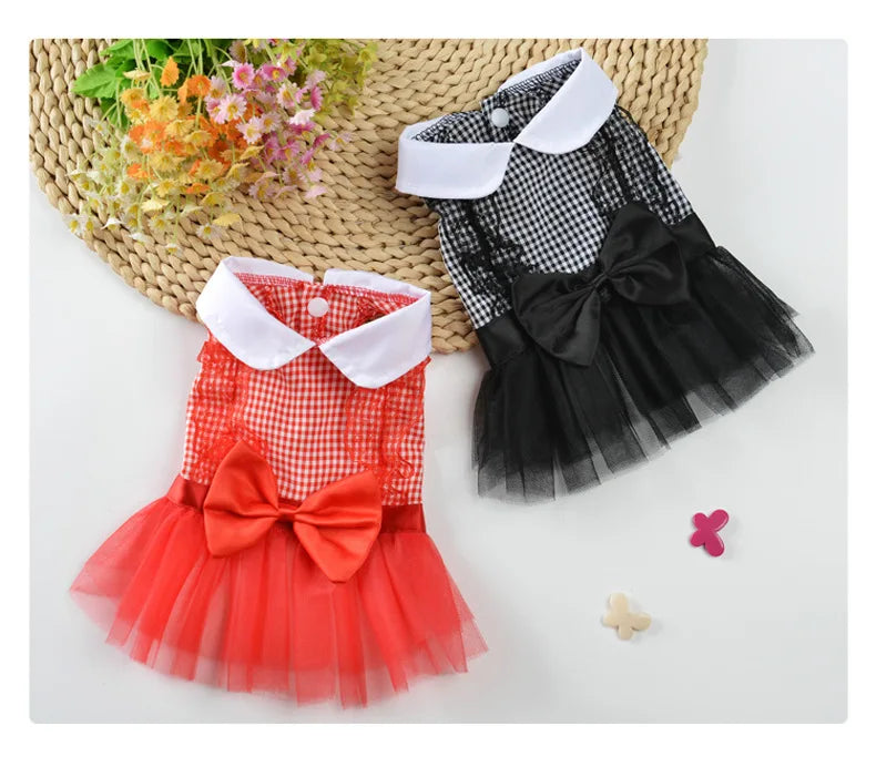 Pet Dress Classic Lattice Dog Gauze Dress Lovely Cat Skirts Clothing Pets Red Black Dress For Small Medium Dogs Pets Product