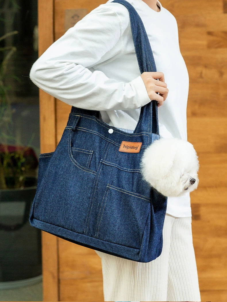 Portable Shoulder Crossbody Large Capacity Denim Canvas Dog Bag