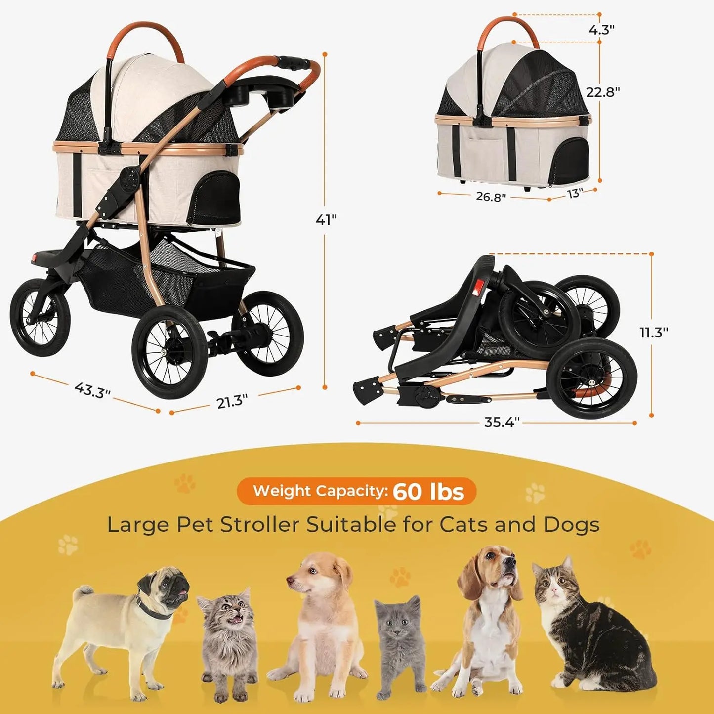 Pet Stroller, Premium 3-in-1 Large Dog Stroller for Cats/Dogs with Detachable Carrier, Zipperless Dual Entry, Foldable Jogging