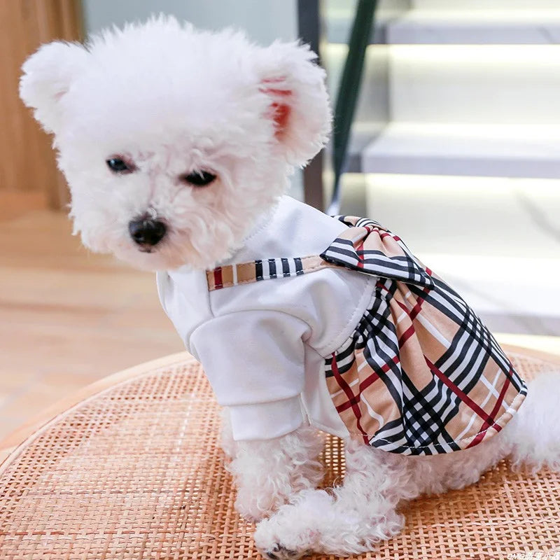 1PC Pet Clothes Cat Spring/Summer Thin White Spliced Bow Plaid Dress Suitable for Small and Medium Dogs