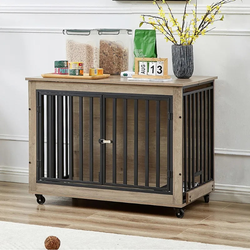 Furniture Style Dog Crate Side Table With Feeding Bowl Three Doors Flip-Up Top Opening Indoor Grey 38.58"W x 25.2"D x 27.17"H