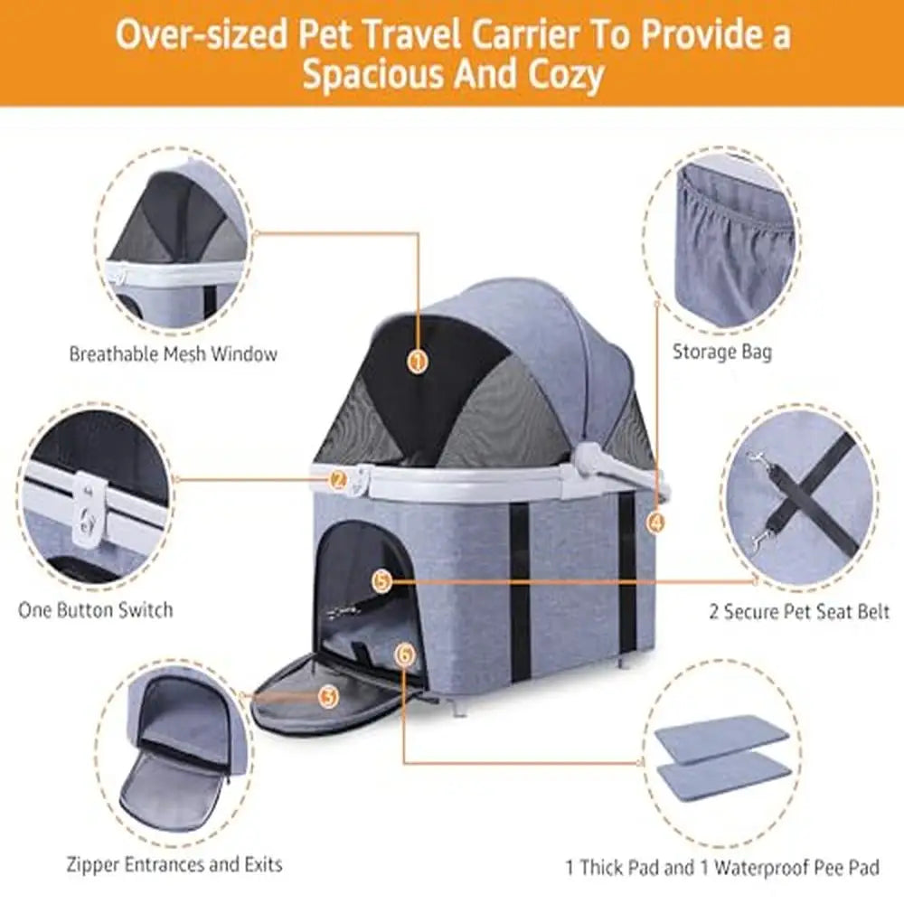 Pet Stroller Dog Cat 4-in-1 Travel Carrier Car Seat Non-Zip Airless Tires Cup Holder Lightweight Foldable Canopy Rotating Wheel