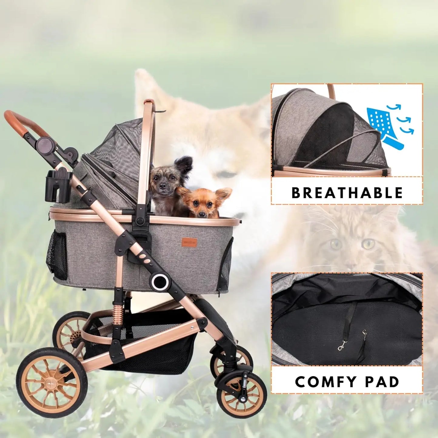 Pet Stroller with 4 Wheels,  Pet Travel Carrier for Small/Medium Dogs Cats up to 50lbs, Detachble Portable Pet Bag