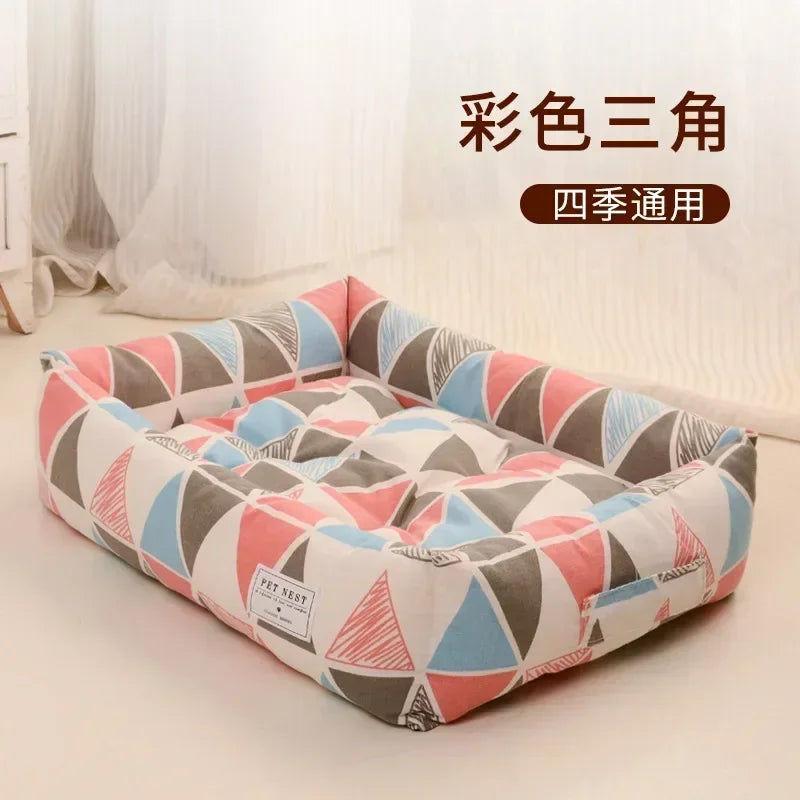 Plaid Printing Soft Removable&Washable Dog Bed Fabric Skin-Friendly Cotton&Linen Breathable Pet Sofa Square Cat Litte Dog Bed