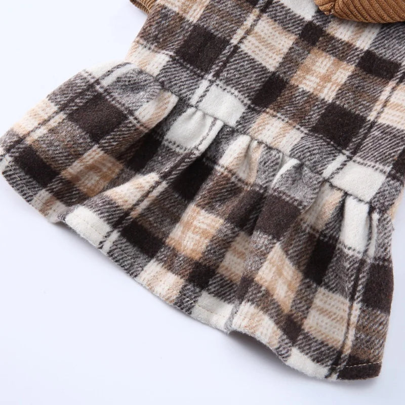 Plaid Dog Hoodie Dress Warm Soft Dog Sweater Skirt Outfit with Hat Autumn Winter Pet Coat Clothes for Small Medium Puppy Outfits