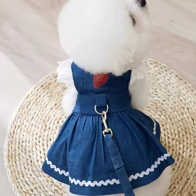 Cute Dog Jeans Dress Strawberry Print Lace Pet Dog Clothes Chihuahua Bichon Frise Summer Puppy Skirt Cat Dog Costume with Buckle