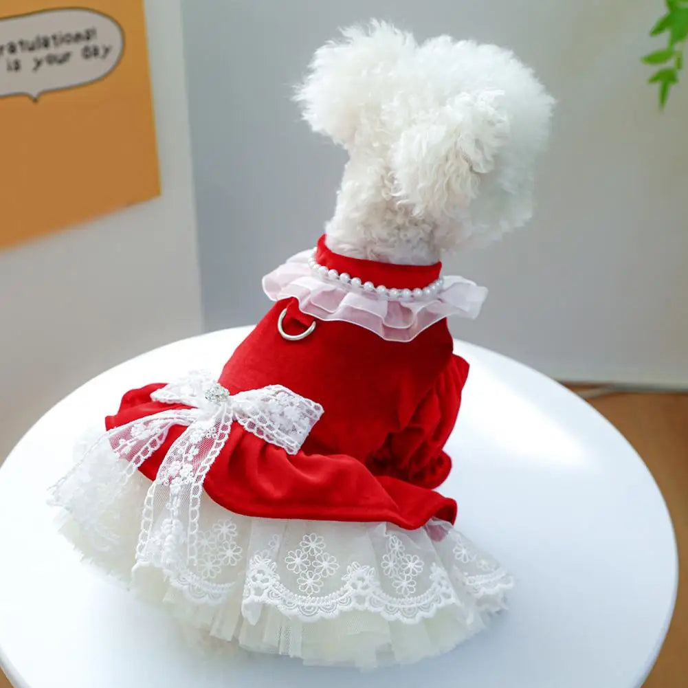 Dog Princess Dress with Bow Tie, Lace Trim, Mesh Stitching, Clothes for Small Dogs, Chihuahua