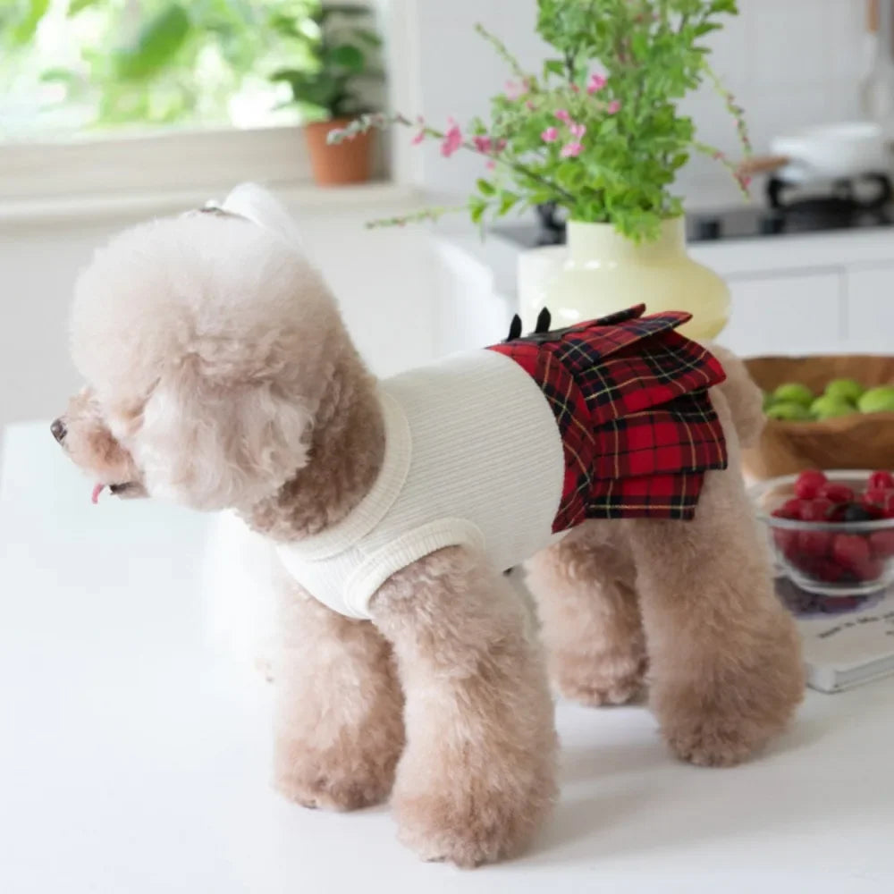 Autumn/Winter Pet Plaid Skirt Dog Dress Cute Pet Dress Teddy Bichons Maltese Dog Dress Puppy Clothes Dog Clothes for Small Dogs