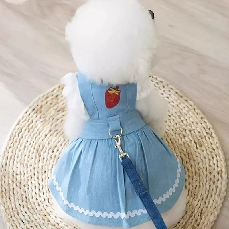 Cute Dog Jeans Dress Strawberry Print Lace Pet Dog Clothes Chihuahua Bichon Frise Summer Puppy Skirt Cat Dog Costume with Buckle