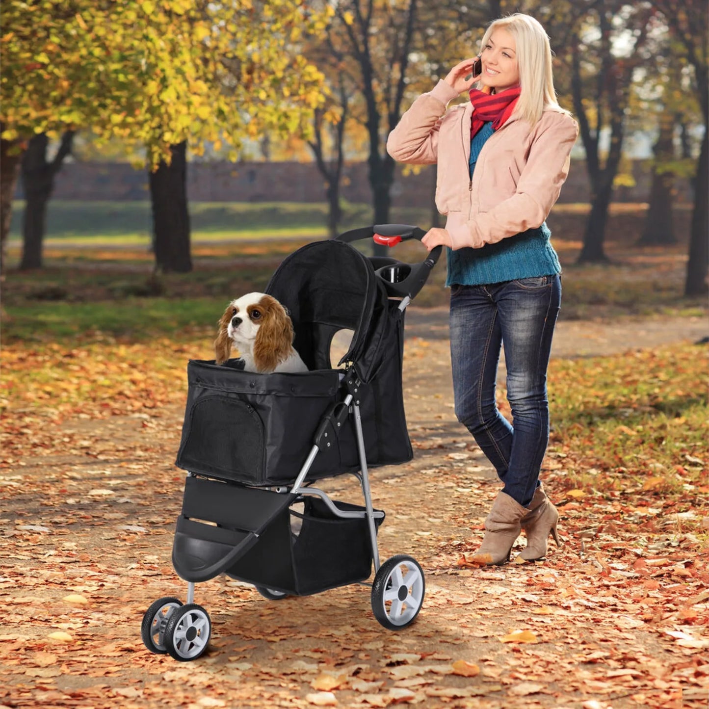 US Dog Stroller Foldable Cat Pet Stroller w/Storage Basket & Cup Holder 3/4-Wheels