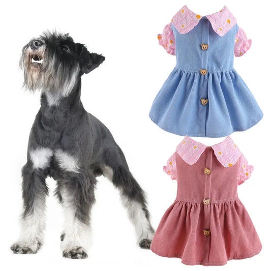 Adorable Pet Princess Dress with Cute Bear Button Soft Comfortable Breathable Cat Dog Dress Dog Clothes for Spring Summer