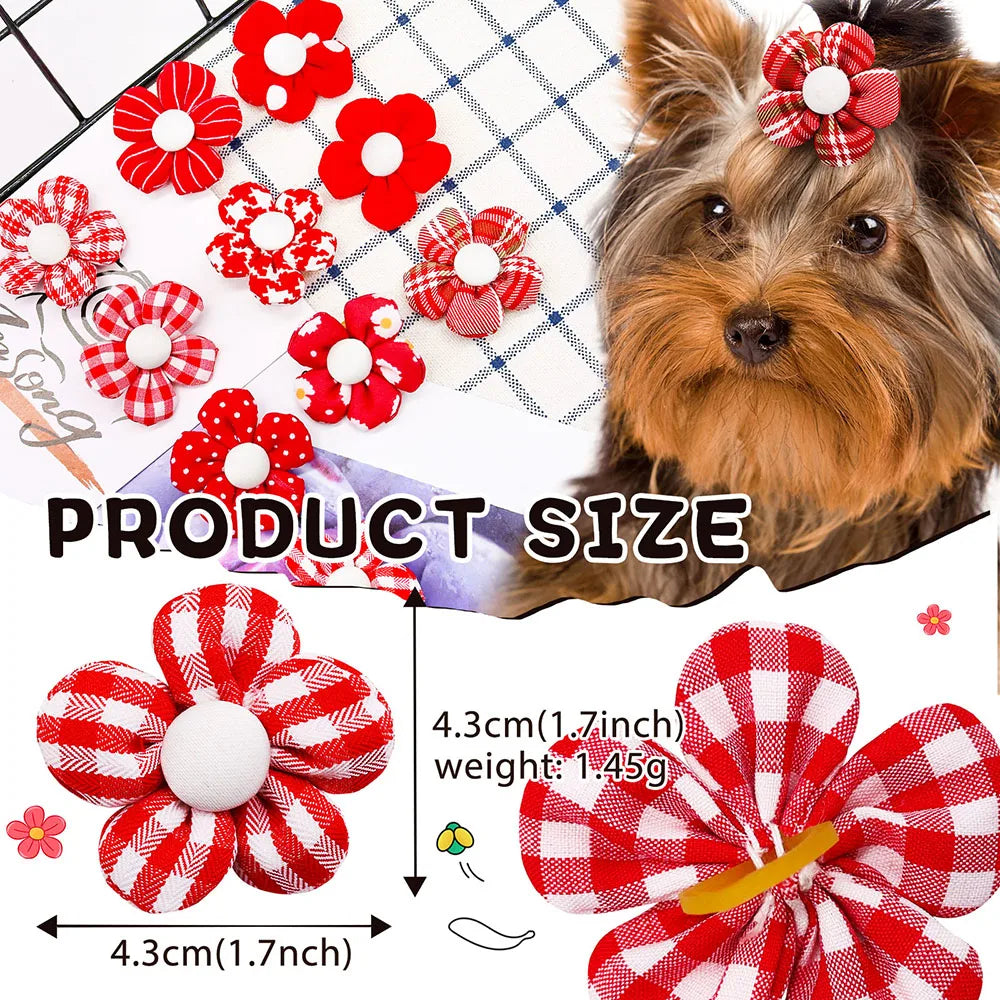 10/20pcs Flower Dog Hair Bow Red Style Valentine's Day Decorate Dog Bowknot with Rubber Bands for Small Dog Puppy Accessories