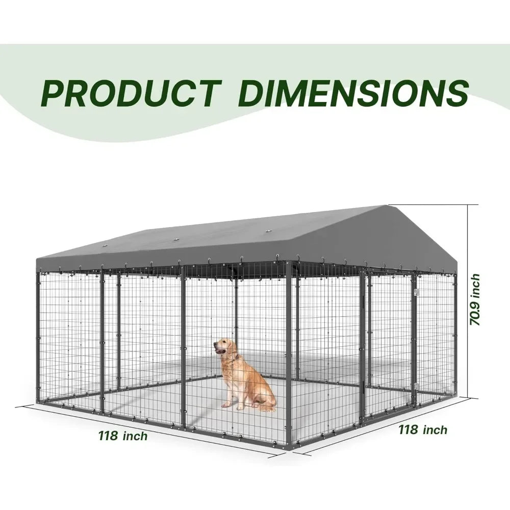 Large Outdoor Dog Kennel, Heavy Duty Dog Cage with Roof, Steel Dog Kennel with Waterproof UV-Resistant W 118" X D 118" X H 70.9"