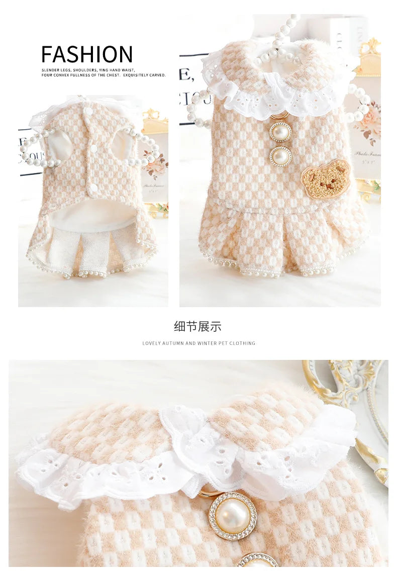 Pet Clothing Autumn Winter Dress Cat Dog Princess Dress Light Coffee Pearl Lapel Dress Small and Medium-sized Dogs Clothing