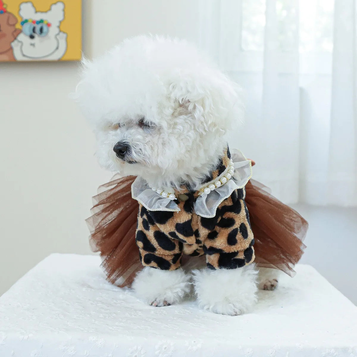 Pet Plush Mesh Splicing Dress for Dogs Cats Cute Warmth Leopard Pattern Wedding Dress Cute Pearl Bow Coat for Small Dogs